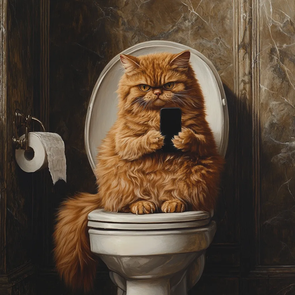 A fluffy ginger cat sits on a toilet, intently holding a smartphone.  Its serious expression and posture create a humorous juxtaposition. The cat's large, bushy tail drapes over the toilet seat. The setting is a dark, elegant bathroom with marble walls and a roll of toilet paper visible in the background. The overall style is reminiscent of a classical oil painting.