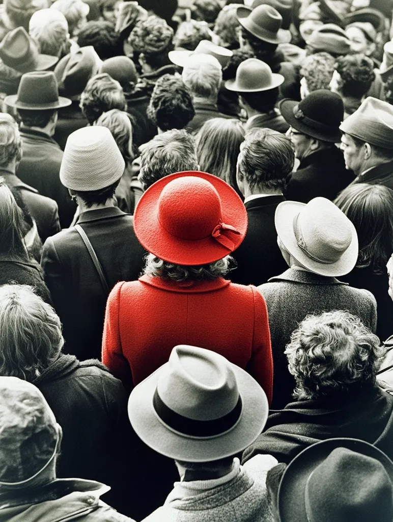 A crowd of people, mostly wearing hats in shades of grey and black, stand closely together.  A woman in a vibrant red coat and matching hat stands out, a striking contrast against the monochrome backdrop.  The image conveys a sense of anonymity and the individuality of one person amidst a large group.  The focus is on the woman's bright clothing, drawing attention to her unique presence in the sea of faces.