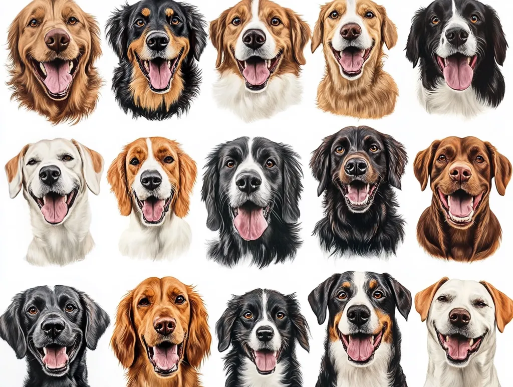 A delightful collection of eighteen dog portraits.  Each dog is presented in a head shot, showcasing a variety of breeds including Golden Retrievers, Labradors, Border Collies, and others.  All dogs are smiling, creating a cheerful and charming image. The style is realistic, with attention to detail in fur and expression.  The white background emphasizes the dogs' faces.
