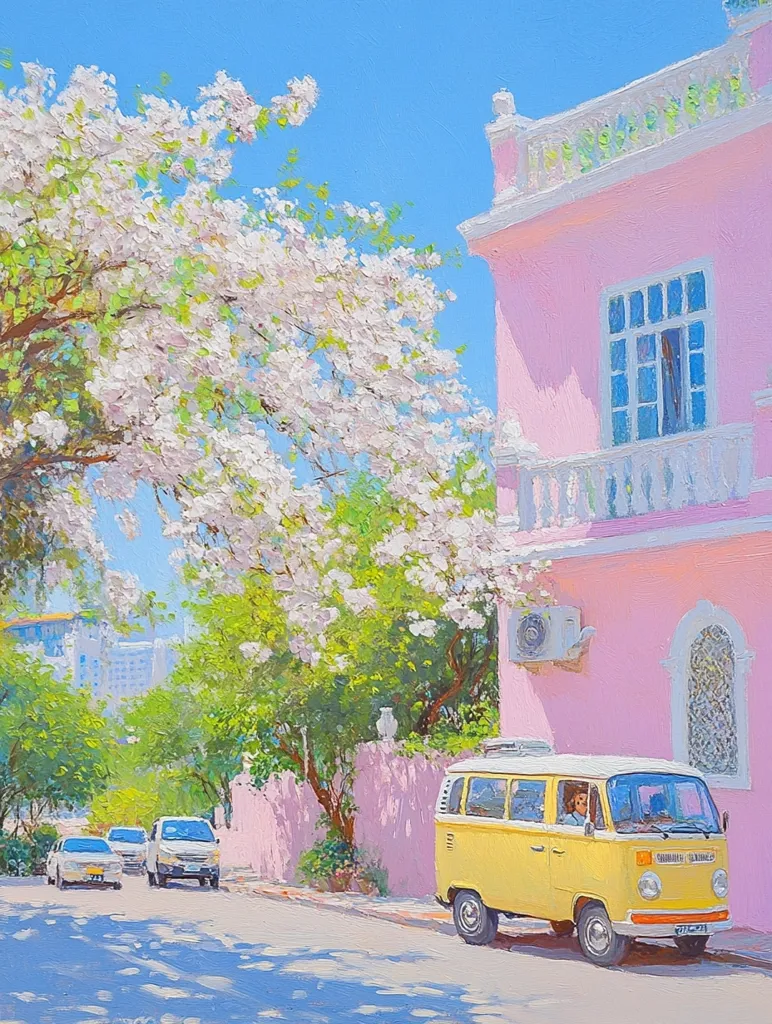 A vibrant painting depicts a sunny street scene. A pastel pink building stands beside a blossoming white tree, casting shadows on the street below. A yellow Volkswagen bus is parked, with a driver visible inside.  Other cars are parked further down the road.  The style is impressionistic, with visible brushstrokes and a bright, cheerful color palette. The overall feeling is one of warmth and idyllic charm.