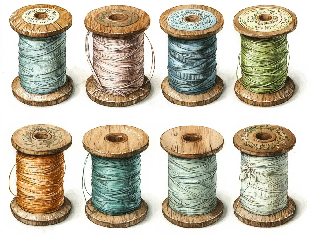 Eight spools of thread are depicted, each wound onto a wooden reel. The spools display a variety of pastel colors including teal, light green, beige, and orange, with intricate designs adorning the wooden tops.  The image is reminiscent of vintage sewing supplies, presented with a watercolor-like style, suggesting a delicate and artistic approach.
