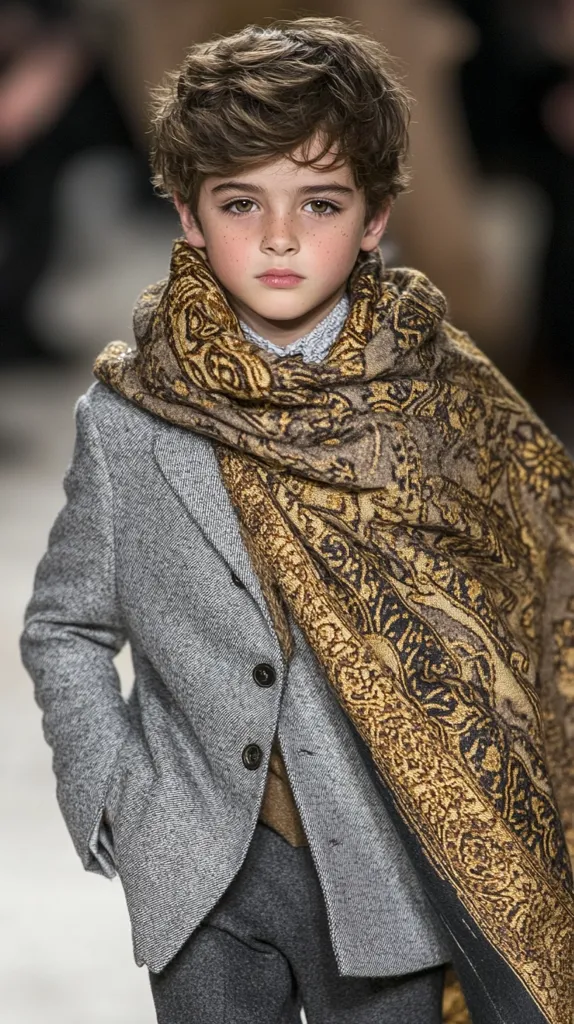 A young boy with light brown, curly hair and freckles models a stylish outfit. He wears a gray tweed blazer, buttoned neatly, over a collared shirt and matching trousers. A large, intricately patterned tan and brown scarf drapes around his neck and shoulders, adding a touch of warmth and sophistication to his ensemble. His expression is serious and captivating, capturing the attention of the viewer.