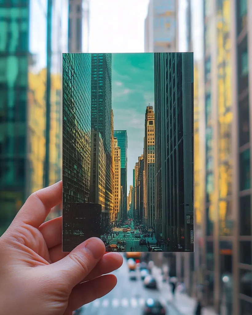 A hand holds a photograph depicting a city street scene. Tall skyscrapers line both sides of a busy road, with cars and pedestrians visible. The image has a slightly desaturated, almost vintage, color palette.  The photo is held against a blurry background of similar city architecture, creating a depth of field effect. The overall impression is one of urban density and vibrancy.