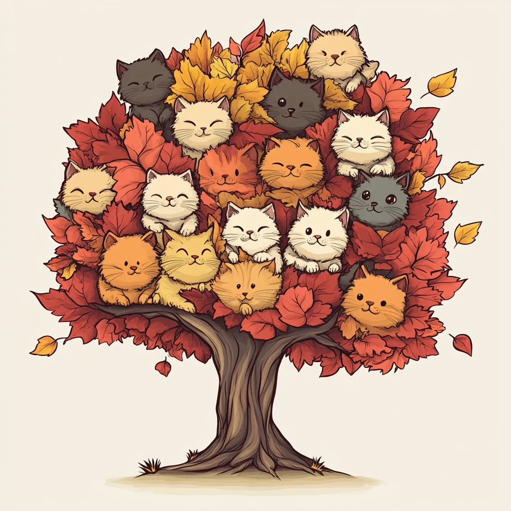 A whimsical illustration depicts a tree adorned with autumn leaves, its branches teeming with numerous adorable kittens of varying colors.  The kittens, in shades of orange, cream, and black, are nestled amongst the vibrant red and gold foliage, creating a charming and cozy autumnal scene. The overall style is cartoonish and cute, evoking feelings of warmth and seasonal cheer.