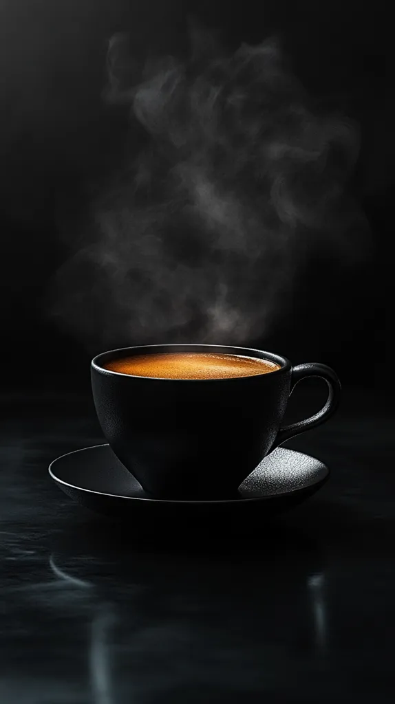 A steaming cup of espresso sits on a black saucer. The cup is matte black, and the espresso is a rich, dark brown.  The steam rises gracefully against a dark background, creating a dramatic and moody atmosphere. The image is sharply focused, highlighting the rich color and texture of the coffee.  The overall effect is one of sophisticated simplicity and elegance.