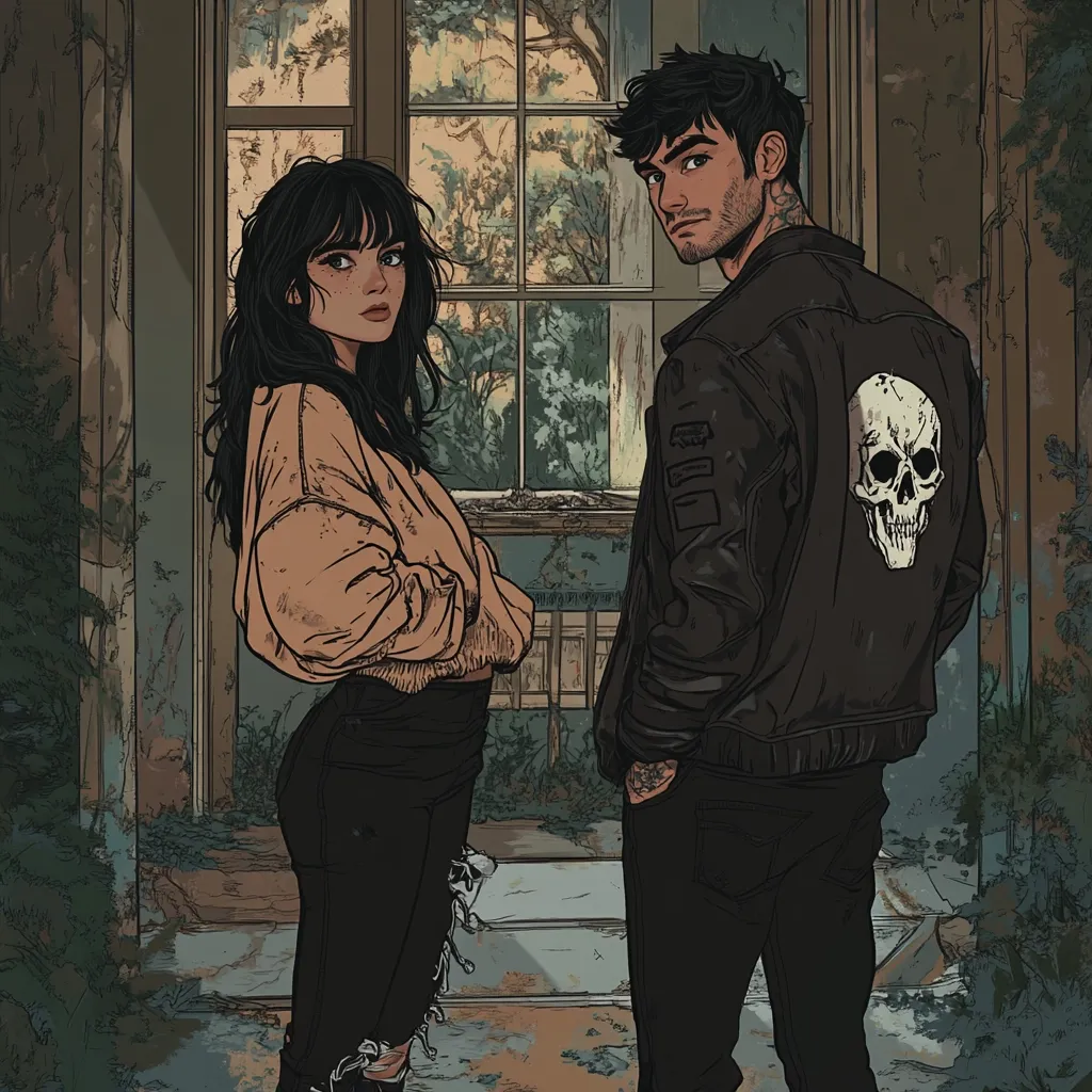 A stylized illustration depicts a young couple in an abandoned building.  The woman, with long black hair, wears a peach-colored sweater and dark pants.  The man, sporting a leather jacket adorned with a skull, stands slightly behind her, glancing back.  The setting is atmospheric, with overgrown plants and a large window offering a glimpse of overgrown nature.  Their poses suggest a quiet intimacy amidst the decaying surroundings.