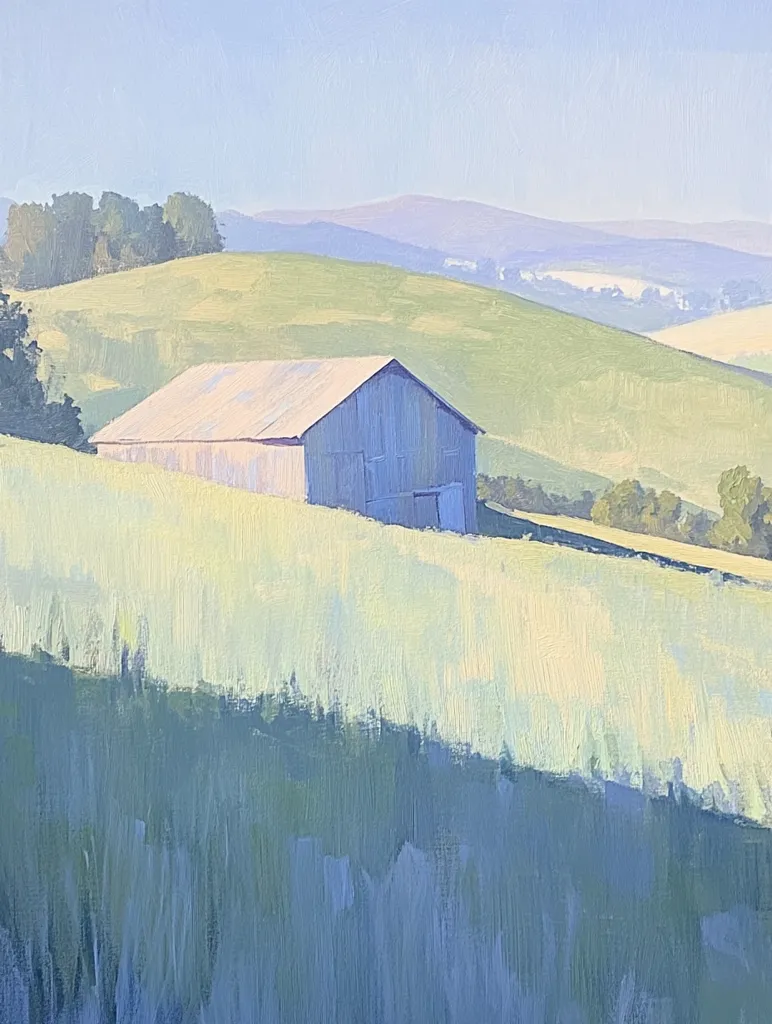 A serene landscape painting depicts a weathered barn nestled on a gently rolling hillside.  The barn, painted in muted blues and grays, sits amidst a field of pale yellow-green grass.  Rolling hills stretch into the distance under a clear, light blue sky.  The overall impression is one of peaceful rural tranquility.  The style suggests Impressionism or Post-Impressionism with visible brushstrokes.