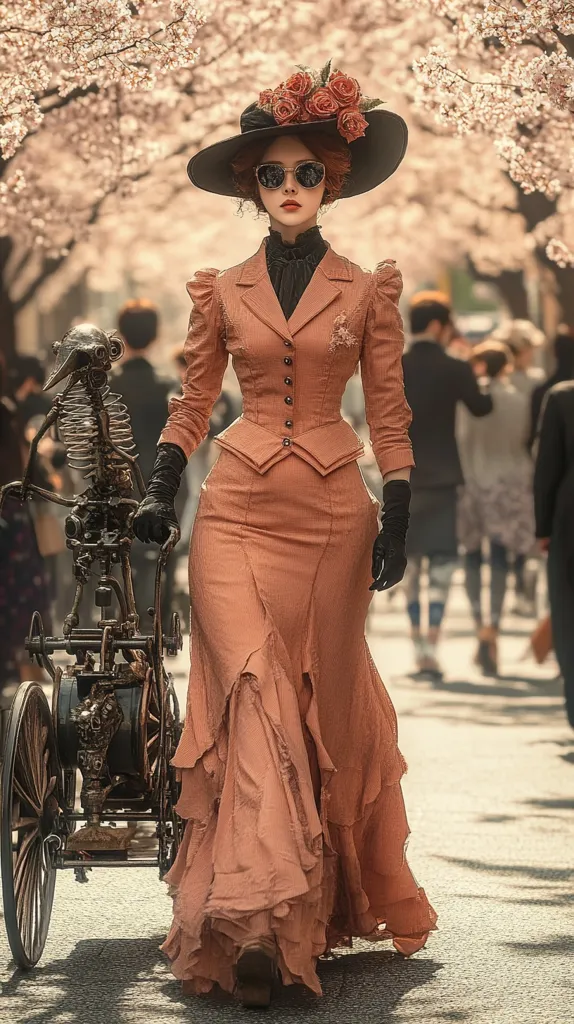 A stylish woman in a peach-colored Edwardian-era gown and wide-brimmed hat adorned with roses walks down a tree-lined street.  She wears sunglasses and long black gloves.  A steampunk-style skeletal automaton, resembling a bird, is attached to a wheeled contraption she pushes along beside her.  The background is blurred, showing other pedestrians and blossoming cherry trees.  The overall scene evokes a whimsical, vintage atmosphere.