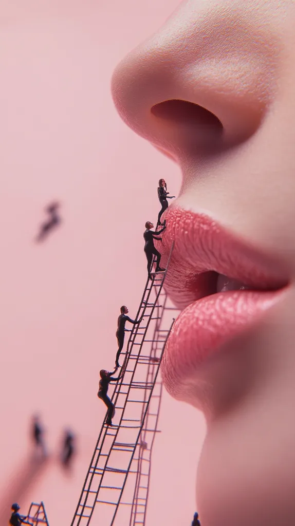 A surreal close-up shows a woman's lip and nose, with tiny figures scaling ladders towards her mouth.  The figures are dressed in black, creating a striking contrast against the soft pink skin.  The image is visually striking, combining macro and miniature scales to create a sense of unease and wonder.  The background is a blurred, pale pink.