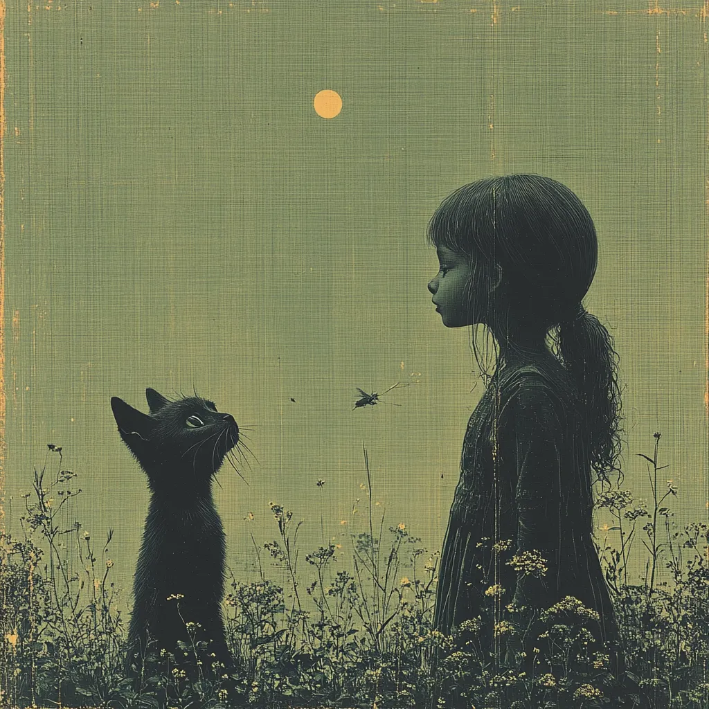 A young girl with long hair, wearing a dark dress, stands in a field of wildflowers at dusk.  A small black cat sits beside her, both gazing towards a small insect in flight. A pale moon hangs in the muted green sky, creating a serene and slightly melancholic atmosphere. The textured background enhances the image's vintage feel.