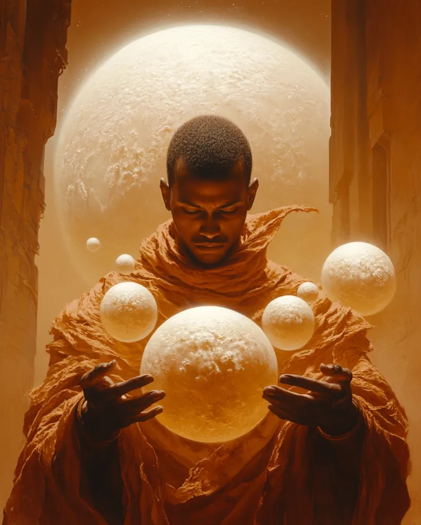 A dark-skinned man, cloaked in orange robes, meditatively holds a large, luminous orb.  Smaller, similar orbs float around him, suggesting a mystical or celestial connection.  The background features a large, pale moon and hints of an ancient, desolate cityscape, creating an ethereal and otherworldly atmosphere. The overall tone is warm and mystical.