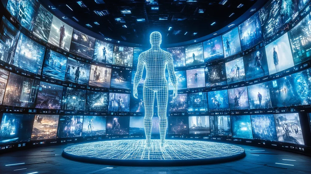 A glowing wireframe human figure stands on a platform in a futuristic, circular room.  Surrounding the figure are numerous large screens displaying various scenes of digital landscapes, futuristic cities, and figures in motion, creating a visually stunning and immersive technological environment.  The overall ambiance is one of advanced technology and data visualization.