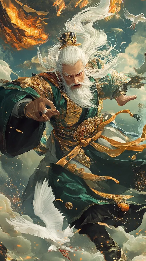 A powerful, elderly man with long white hair and a flowing emerald and gold robe commands the scene.  His stern expression and outstretched hand suggest authority and perhaps magic.  White doves fly around him, amidst a fiery, celestial backdrop.  The overall style is fantastical and evocative of Eastern mythology.  His regal crown and ornate garments further emphasize his high status.