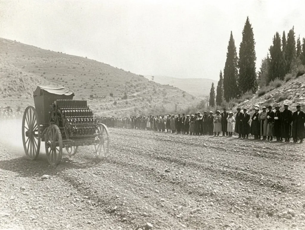 A monochrome photograph depicts a horse-drawn carriage, uniquely modified with numerous vertical cylinders affixed to its back, traversing a gravel road.  A large group of people, dressed in period clothing, stand observing along the roadside. The setting appears to be a rural landscape, with hills and trees in the background, suggesting a historical event or demonstration of the unusual vehicle. Dust trails behind the carriage.