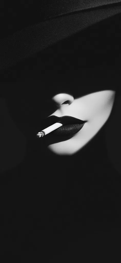 A black and white close-up shot features a woman's face partially obscured by a wide-brimmed hat.  Only her lower face, including dark lipstick and a cigarette held between her lips, is visible. The stark contrast of light and shadow creates a dramatic, mysterious mood.  The image is highly stylized and evocative of film noir aesthetics.