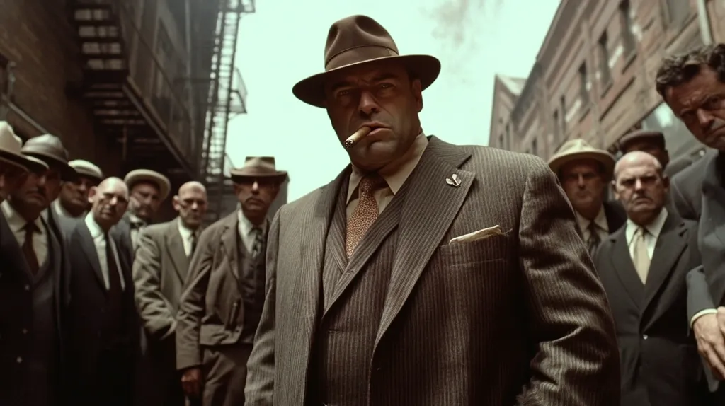 A pinstripe-suited man in a fedora, smoking a cigar, stands prominently in the foreground.  He's surrounded by a group of men in similar attire, all appearing to be part of a 1930s-era gangster organization.  The setting is a narrow alleyway, enhancing the sense of secrecy and tension. The overall mood is one of power and intimidation.