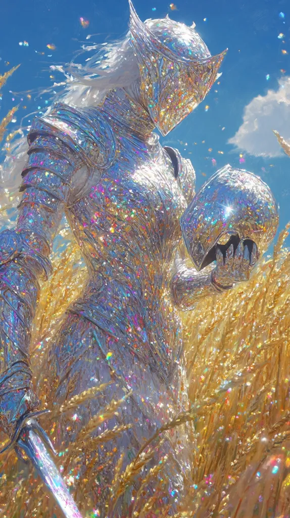 A shimmering, iridescent female knight, clad in glittering armor, stands pensively in a field of golden wheat under a bright blue sky.  She holds a detached helmet in one hand, her long, white hair flowing.  A sword lies at her feet, adding to the ethereal and magical atmosphere.  The scene is filled with light and sparkles, creating a dreamy, otherworldly effect.