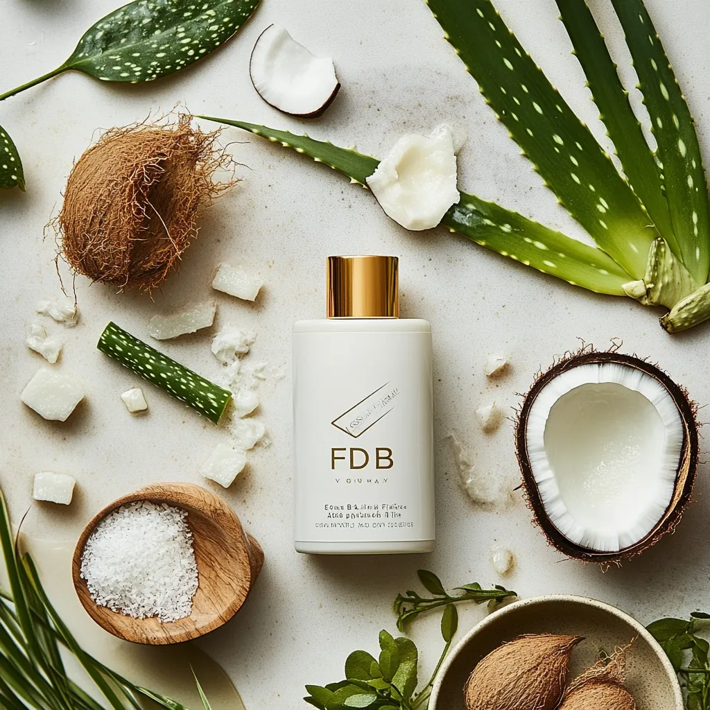 A white bottle of FDB Vouhay Eau de Soin Fluide Aloe and prickly pear is displayed on a light beige surface.  Surrounding the bottle are pieces of coconut, aloe vera leaves, and sea salt in a wooden bowl.  The overall aesthetic is clean, natural, and luxurious, suggesting a skincare or beauty product.  The image uses natural lighting and a minimalist composition.
