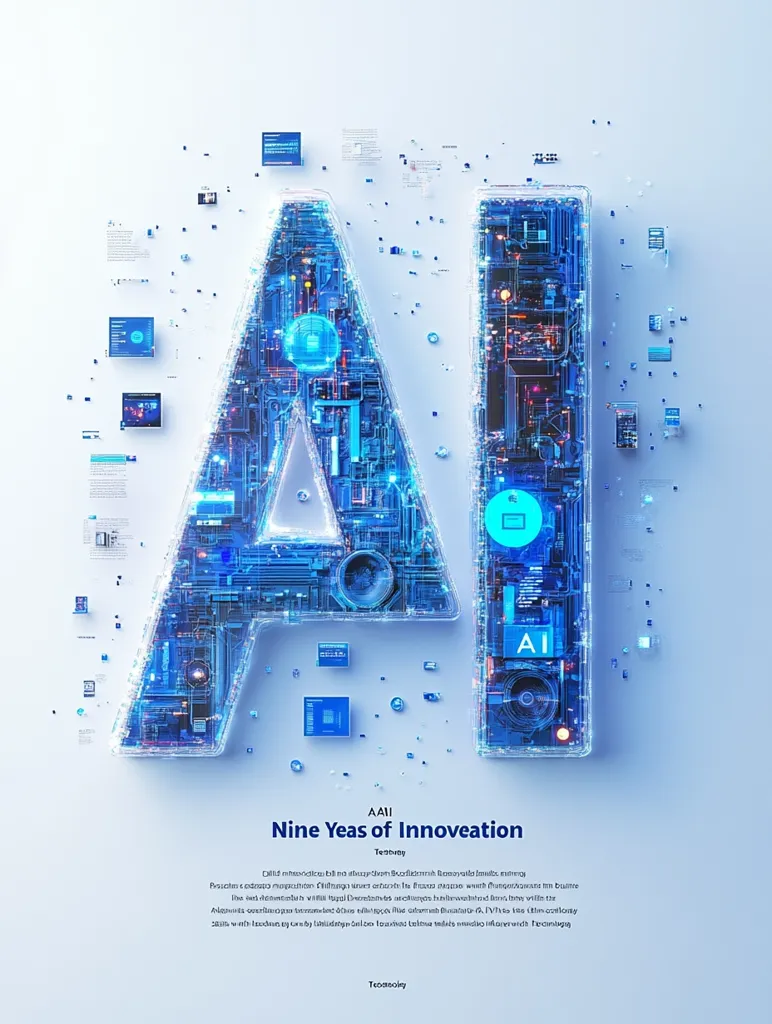 A three-dimensional rendering depicts the letters "AI" constructed from intricate circuitry, glowing with vibrant blue and orange hues.  Surrounding the letters are smaller, floating digital components, suggesting a complex technological network.  The title "Nine Years of Innovation" is displayed below, emphasizing a milestone in artificial intelligence development. The overall aesthetic is futuristic and sleek.