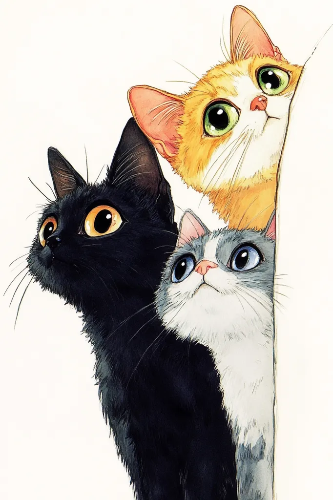 Three adorable cats peek from behind a white surface.  A black cat with large, round yellow eyes is on the left, a ginger cat with green eyes is on the top, and a grey and white cat with blue eyes is partially visible on the right. Their large, expressive eyes and curious expressions create a charming and whimsical image.  The style is reminiscent of children's book illustration.