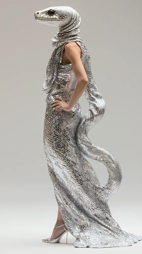 A model wears a striking silver gown resembling snakeskin.  The dress's texture is meticulously detailed, and a sculpted snake head forms the hood. The flowing fabric drapes elegantly, accentuating the model's pose. Silver high heels complete the futuristic, reptilian-inspired ensemble.  The overall effect is one of sophisticated otherworldliness.