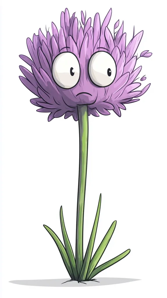 A cartoon illustration of a chives flower with a whimsical face.  The flower is a vibrant purple, with large, expressive eyes and a slightly worried expression.  Its long, slender stem and splayed green leaves complete the image, set against a stark white background. The overall style is playful and slightly quirky.