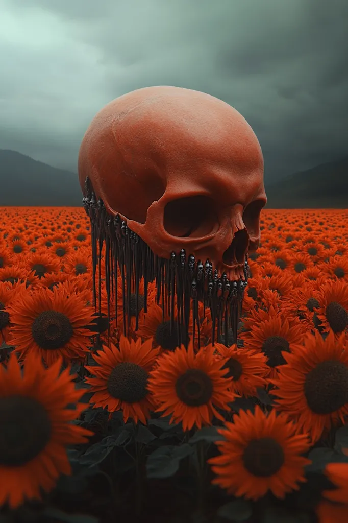 A large, red skull, seemingly melting black substance from its lower jaw, stands amidst a field of vibrant, dark-red sunflowers under a brooding, gray sky. The contrast between the skull's morbid presence and the vibrant flowers creates a surreal and slightly unsettling scene.  The overall mood is dark and evocative.