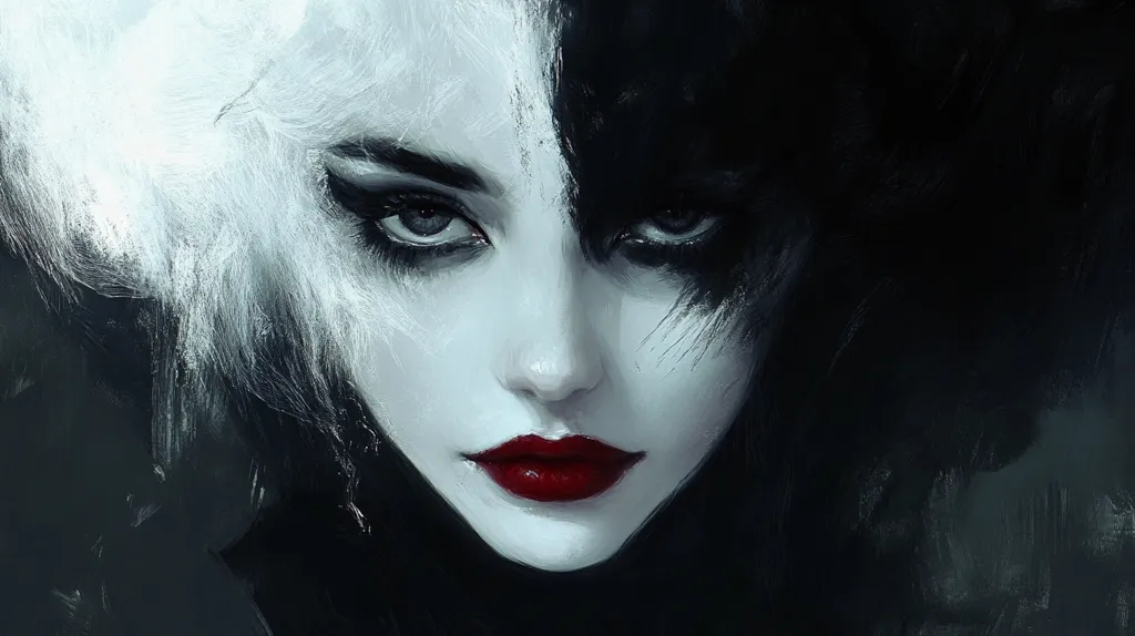 A close-up portrait of a woman with striking features. Her face is dramatically divided; one half is painted in stark white with flowing hair, while the other half is dark, almost shadowy.  Her eyes are intense, accentuated by dark makeup.  She wears bold red lipstick, creating a contrast against the monochrome backdrop. The style is painterly, with visible brushstrokes adding texture and depth.