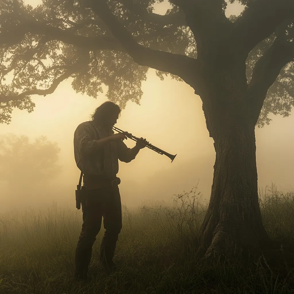 A lone figure, silhouetted against a misty dawn, stands beneath a large oak tree.  He plays a long, slender instrument, possibly a clarinet or oboe.  The scene is serene and evocative, with the fog adding a mystical quality to the image.  The man's attire suggests a historical or period setting.  The overall mood is one of quiet contemplation and solitude.