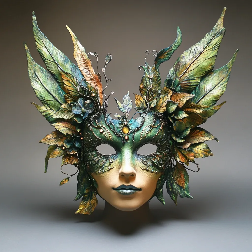 An intricately designed masquerade mask, seemingly crafted from leather, depicts a woman's face adorned with vibrant green and gold foliage.  Intricate leaf and floral details extend outwards, creating a dramatic, winged effect.  The mask is embellished with small gemstones, adding to its ethereal and fantastical quality.  The overall effect is one of elegance and otherworldly beauty.