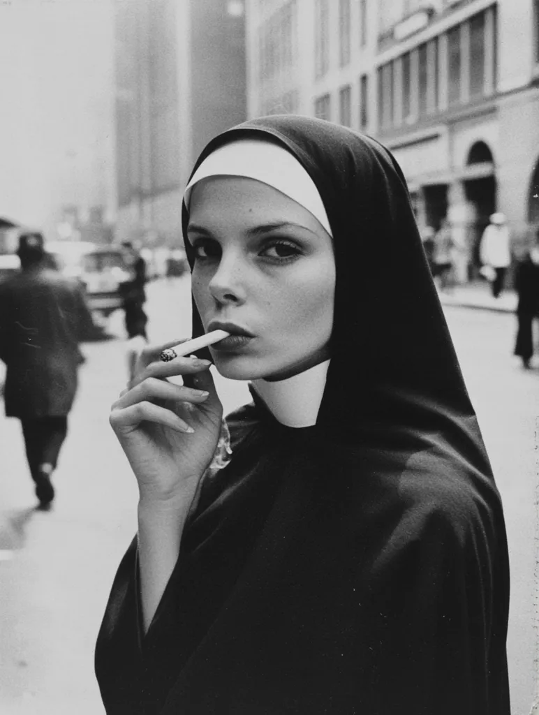 A black and white photo depicts a young woman dressed as a nun, smoking a cigarette on a city street.  The contrast between her religious attire and the act of smoking creates a striking visual.  The urban backdrop of tall buildings and blurred pedestrians emphasizes the unexpected nature of the scene. Her expression is serious and contemplative.