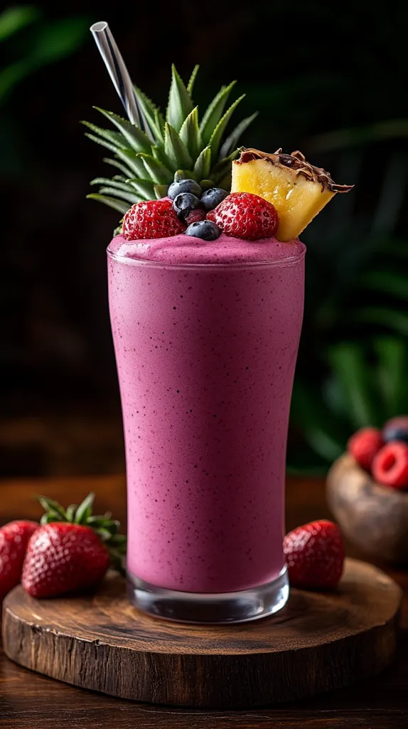 A vibrant purple smoothie, garnished with fresh strawberries, blueberries, and a piece of chocolate-drizzled pineapple, sits in a tall glass.  A straw is inserted, and the smoothie is topped with a lush pineapple crown.  The drink is presented on a rustic wooden coaster, with additional strawberries and a bowl of berries in the background, suggesting a refreshing and fruity beverage.