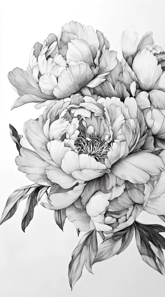 A meticulously detailed pencil sketch showcases a cluster of peonies. The grayscale drawing emphasizes the delicate texture of the petals and leaves, creating a sense of depth and realism.  The composition focuses on the central peony, its layers of petals intricately rendered, while surrounding blooms add to the lush, floral arrangement. The artist's skill is evident in the fine lines and shading that bring the peonies to life on the white background.