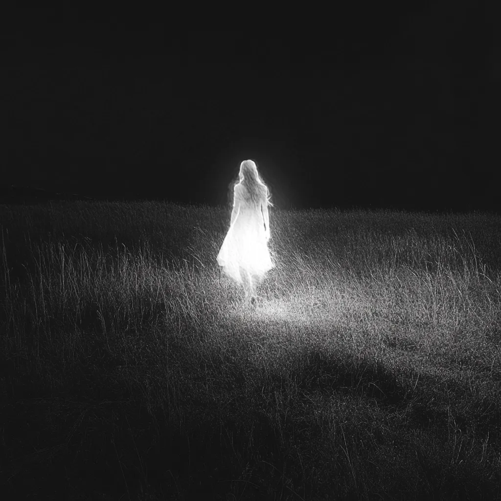 A luminous, ethereal figure of a woman in a flowing dress walks through a dark field of tall grass.  The image is in monochrome, with the woman brightly lit against the stark black background, creating a ghostly or spectral effect.  The overall mood is mysterious and slightly haunting.