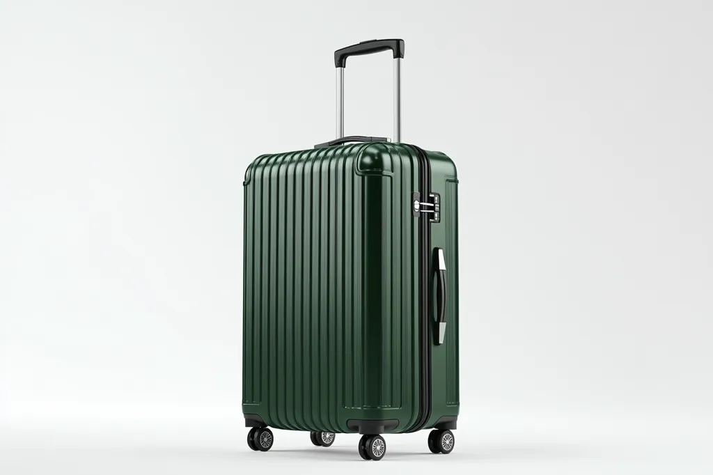 A dark green hard-shell suitcase stands on a white background.  It features a retractable handle, four wheels, and a ribbed exterior.  The suitcase is upright, showcasing its full profile, suggesting it's ready for travel. The color is a deep, forest green.  The overall impression is one of sleek, modern luggage design.