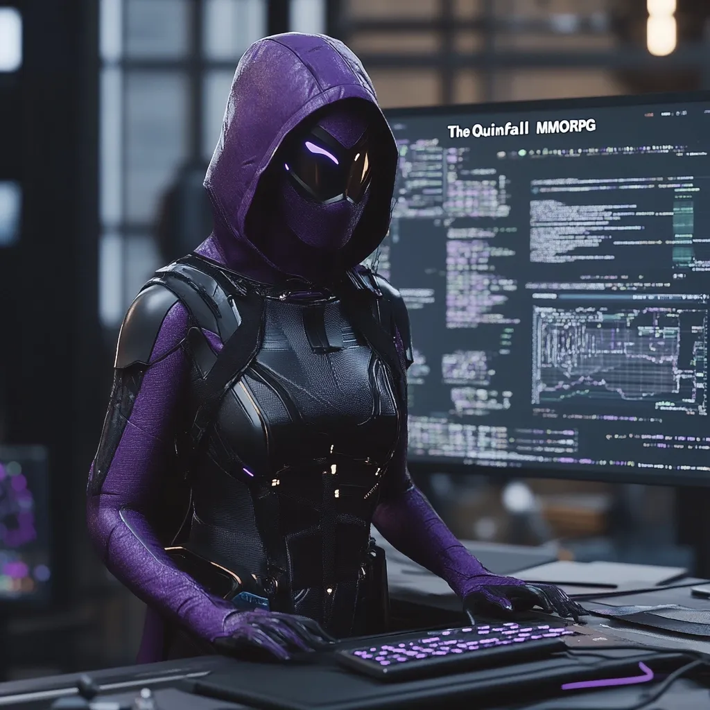 A female figure in a futuristic purple and black suit, resembling a cyberpunk or gaming character, sits at a computer.  She wears a hooded mask, obscuring her face.  A large monitor displays lines of code, labeled "The Quinfall MMORPG," suggesting she's a game developer or programmer. The scene is dark and technologically advanced.