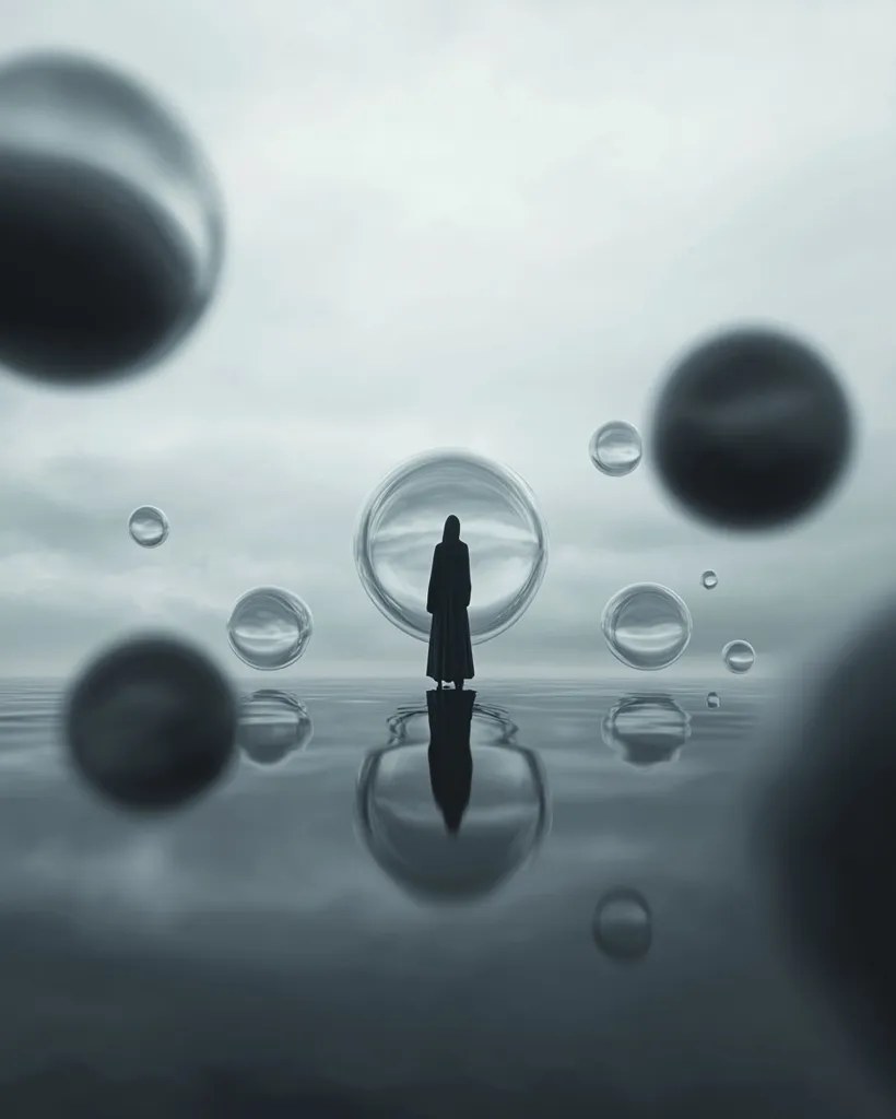 A solitary figure, cloaked and hooded, stands in a surreal landscape.  Large, transparent bubbles float in the air and are reflected in a still body of water.  The scene is monochromatic, evoking a sense of mystery and isolation.  The figure appears small against the vastness of the setting, emphasizing the feeling of solitude and the ethereal nature of the environment.