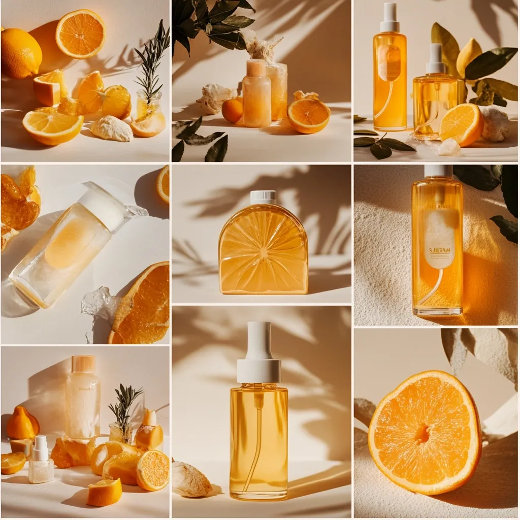 A collage showcases various citrus-scented beauty products.  Clear glass bottles and jars, some etched with citrus designs, contain golden oils and lotions.  Sliced oranges and lemons are artfully arranged alongside the products, emphasizing a fresh, summery aesthetic.  Soft, natural light creates shadows, enhancing the overall mood of the image.