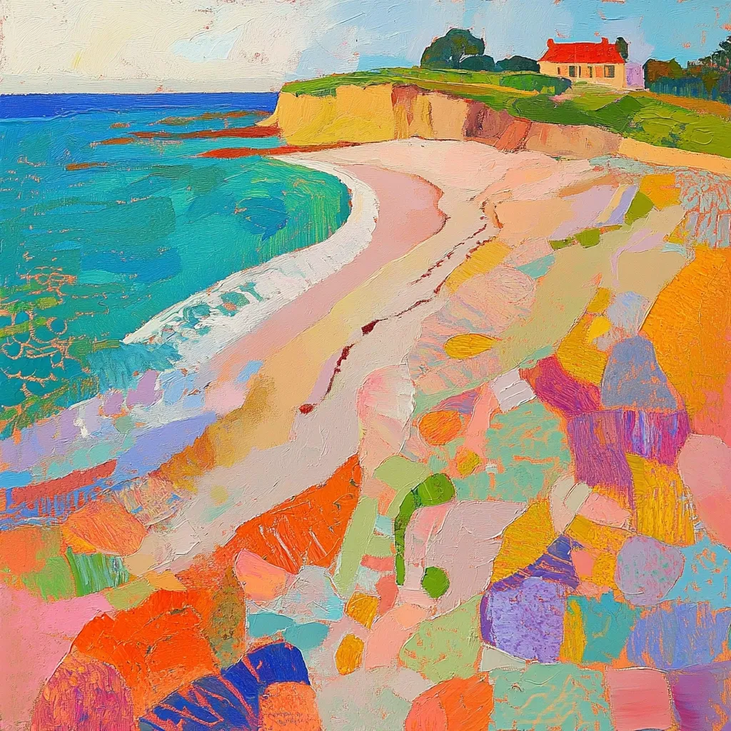 A vibrant, impressionistic painting depicts a coastal scene.  Turquoise water laps a gently curving pink and white beach, which leads up to a cliff topped with a small red house.  The artist uses bold, textured brushstrokes in a variety of warm and cool colors, creating a sense of movement and energy.  The overall effect is joyful and evocative of a sunny seaside escape.