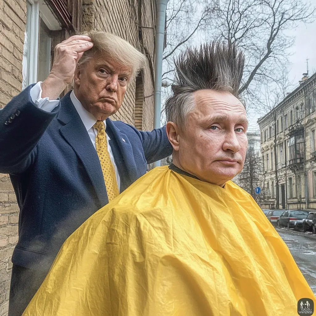 A digitally altered image depicts Donald Trump giving Vladimir Putin a haircut.  Trump is adjusting Putin's spiky, mohawk-style hair while Putin sits, draped in a yellow barber's cape, against a city backdrop.  The humorous juxtaposition of the two world leaders in this informal setting creates a striking visual.