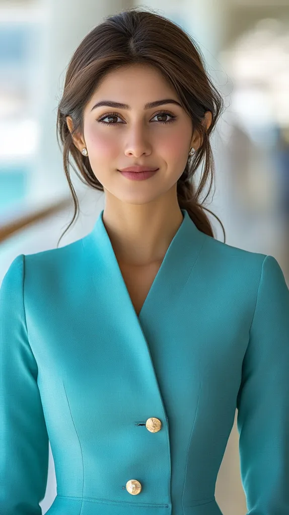 A young woman with long brown hair styled in a low ponytail, wears a teal double-breasted blazer. Her makeup is subtly applied, enhancing her features. She looks directly at the camera with a serene expression.  The background is blurred, suggesting an indoor setting with soft lighting. The overall impression is one of elegance and sophistication.
