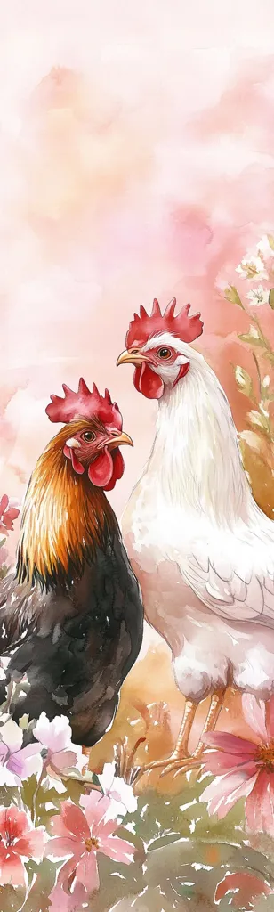 A watercolor painting depicts two roosters amidst a blooming garden.  One rooster is predominantly black and orange, while the other is white.  They stand side-by-side, their vibrant plumage contrasting with the soft, pastel hues of the flowers and the gentle pink background.  The delicate brushstrokes create a serene and romantic atmosphere.
