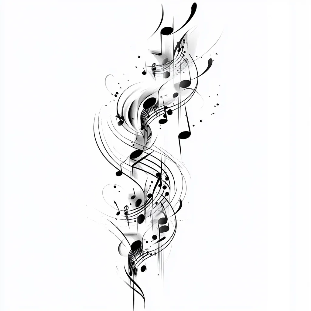 An abstract image features a flowing arrangement of musical notes and staves in black ink against a white background.  The notes swirl and intertwine, creating a sense of movement and rhythm.  Ink splatters are subtly incorporated, adding to the artistic expression.  The overall style is elegant and evocative of musical energy.