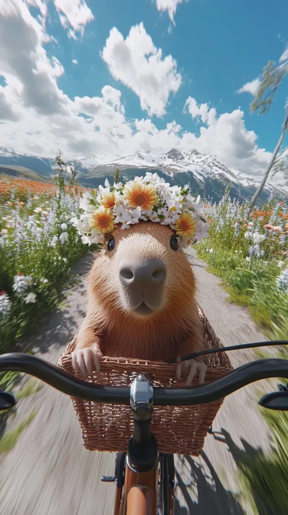 A capybara, wearing a flower crown, sits in a bicycle basket.  The capybara looks directly at the camera with a serene expression. The bike travels along a path lined with wildflowers, with snow-capped mountains in the background under a bright blue sky.  The overall scene is idyllic and whimsical.