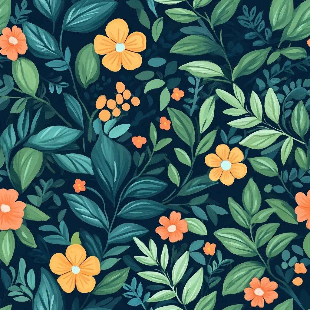 A vibrant floral pattern showcases a profusion of stylized flowers and leaves against a deep teal backdrop.  Orange and yellow flowers, varying in size, are scattered amongst lush, teal and green foliage.  The design is dense and richly textured, creating a lively, botanical illustration ideal for fabric or wallpaper.  Small details add depth and complexity to the overall pattern.