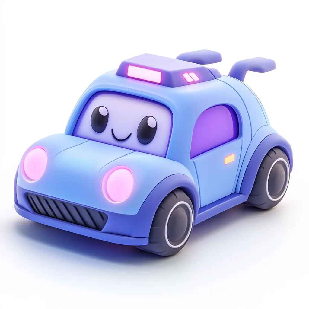 A charming cartoon-style light blue car is presented against a white backdrop.  It features large, expressive eyes, a smiling mouth, and glowing pink headlights.  A pink light bar adorns the roof, adding to its playful design. The car's rounded body and sizable wheels contribute to its cute and friendly appearance. The overall style suggests a children's toy or a character from a children's animation.