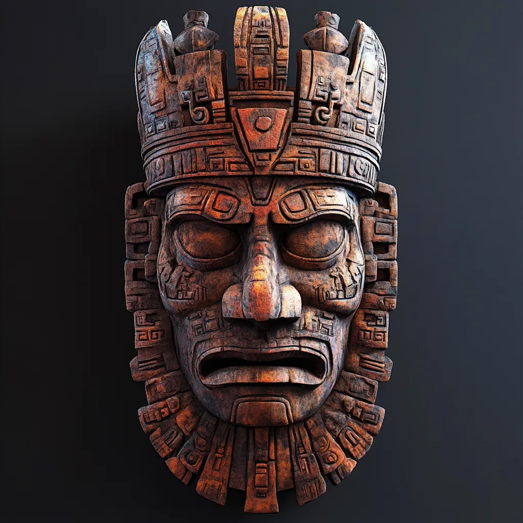 A richly detailed, dark-reddish brown wooden mask, possibly inspired by Mayan or Aztec artistry, is presented against a dark gray backdrop.  Intricate carvings adorn the mask, including a crown-like headdress and facial features. The expression is serious, almost stern. The craftsmanship is highly detailed, emphasizing a weathered, ancient feel.  The mask appears to be a solid piece, showing depth and texture.