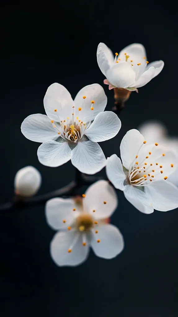 Delicate white blossoms with yellow centers cluster on a dark background.  The flowers, possibly cherry or plum, are in sharp focus against the blurred black backdrop.  Petals are soft and slightly overlapping.  A small bud is visible on the branch, hinting at more blooms to come.  The image conveys a sense of springtime fragility and beauty.