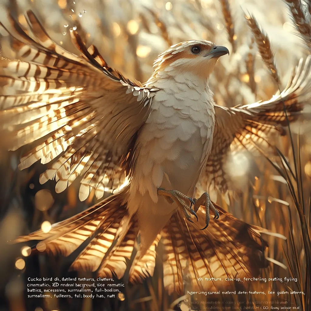 A detailed close-up depicts a cuckoo bird in flight, its wings spread wide, showcasing intricate brown and gold patterned feathers. The bird is sharply focused against a softly blurred background of tall grasses bathed in golden light. The image evokes a sense of hyperrealism and cinematic quality, emphasizing the texture and detail of the feathers.