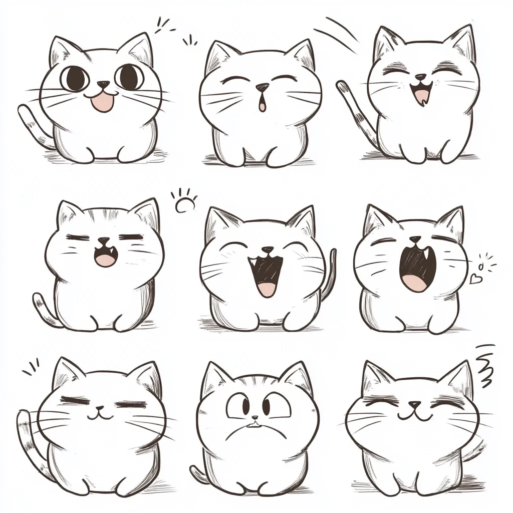 Nine adorable cartoon cats are depicted in various expressions.  Each chubby cat displays different emotions, from happy and playful to content and slightly grumpy. The simplistic line drawings and expressive eyes make them charming and endearing.  The cats are all white with subtle shading, giving a hand-drawn feel.